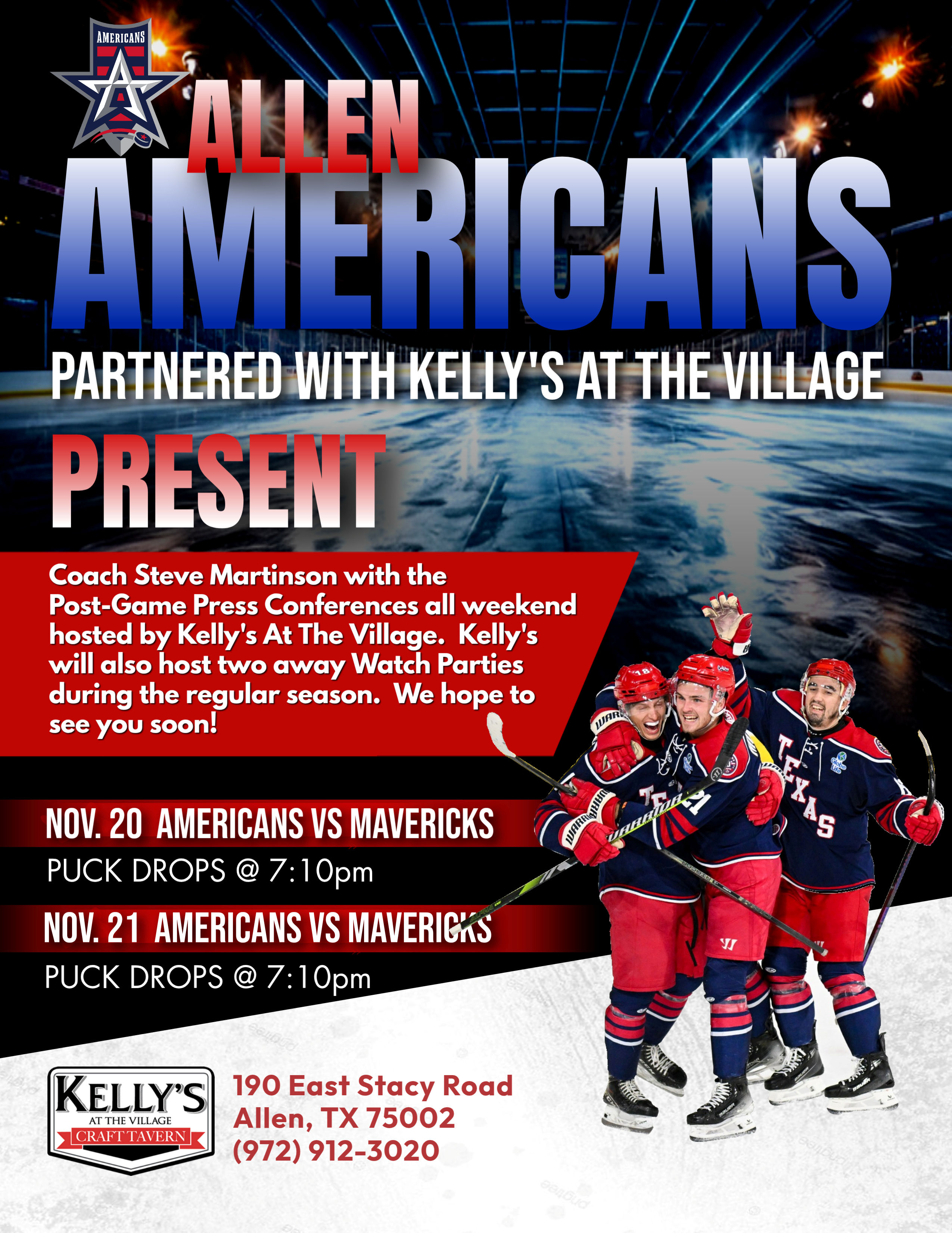 Kelly's At The Village partners with the Allen Americans in Allen, Texas.